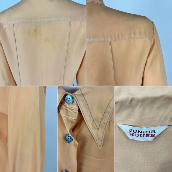 Vintage 60s Peach Blouse Women's Medium Gray Dagger Collar Long Sleeve Button Do - Picture 10 of 12